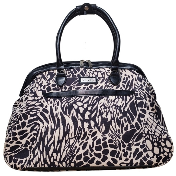 Nicole Miller Black Beige Oil Spill Abstract Pattern Weekender Travel Luggage - Picture 1 of 11